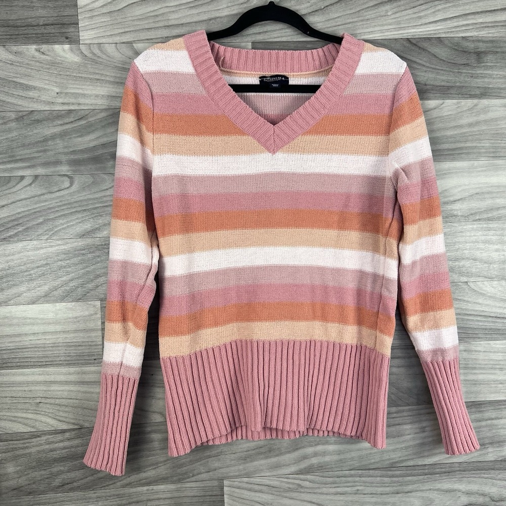 Sonoma Sweater Womens Large Pink V Neck Long Sleeve‎ Cozy Soft Ribbed Striped